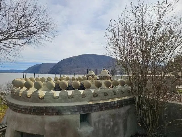Detail of historic brick archway on Bannerman Island surrounded by nature