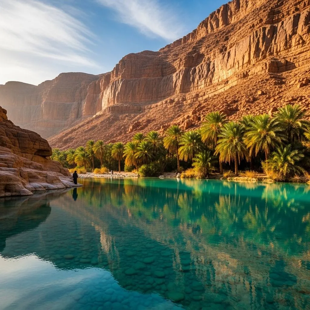 Close up of clear turquoise water in an Omani desert oasis
