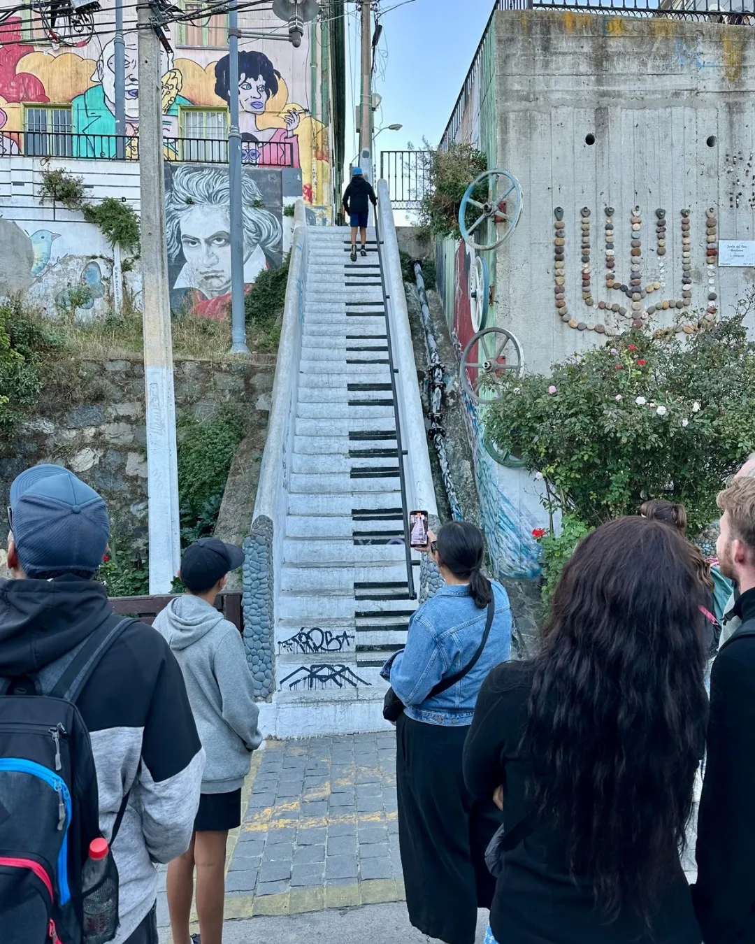 Close up texture of piano key street art on stairs