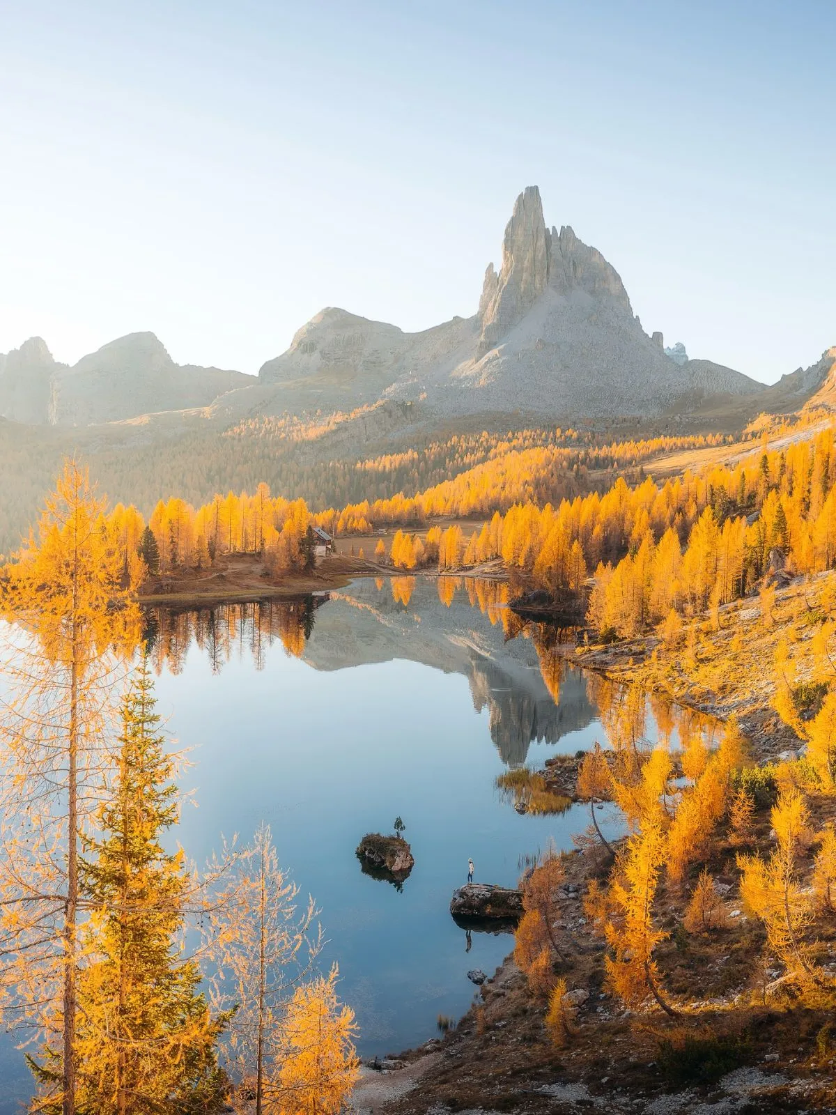 Yellow larch trees framing the grey peaks of the Dolomites during autumn hiking season