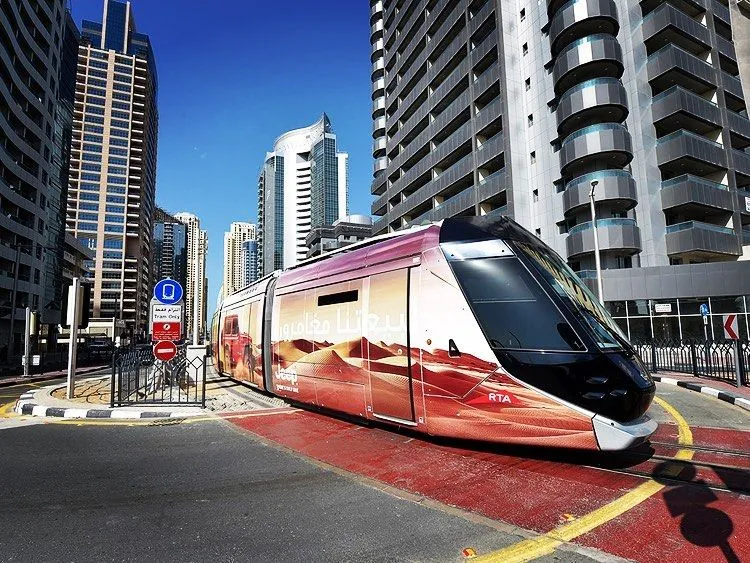 The Dubai Tram moving through the Marina district near the Le Meridien resort.