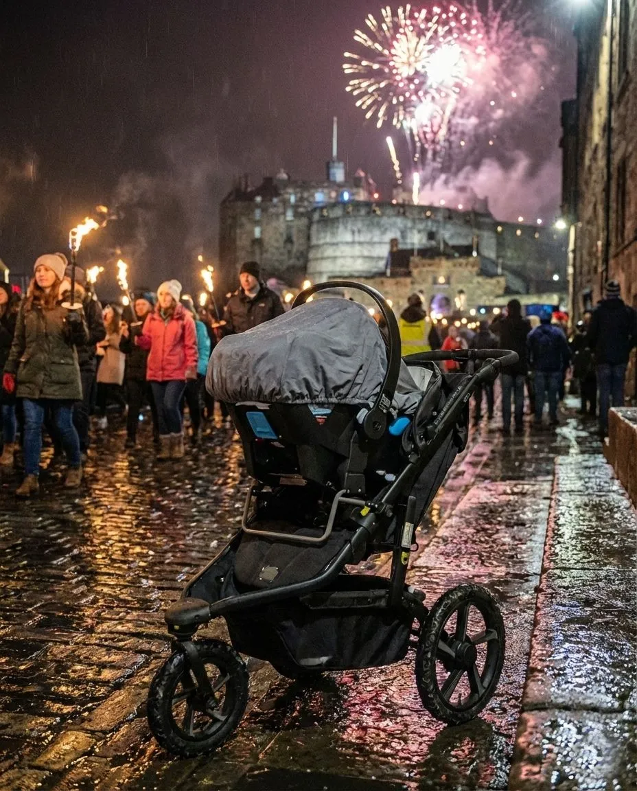 A high-end jogging stroller with large all-terrain wheels parked on a wet, stony street in Edinburgh