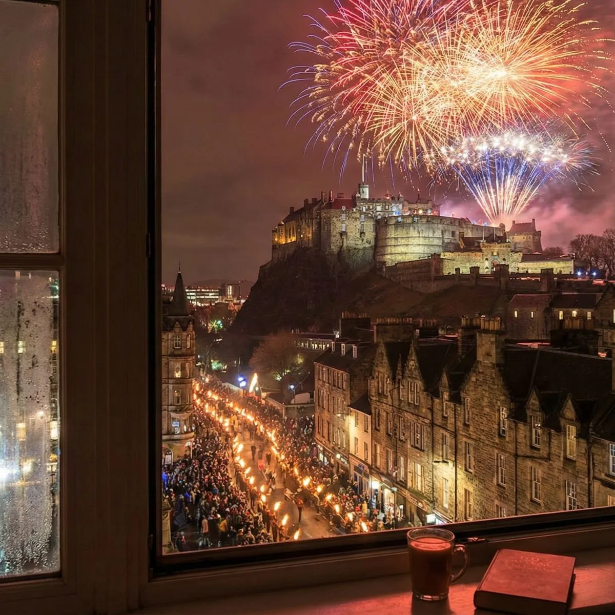 A view of the illuminated Edinburgh Castle at night from a cozy hotel window overlooking festive lights on Princes Street during Hogmanay.