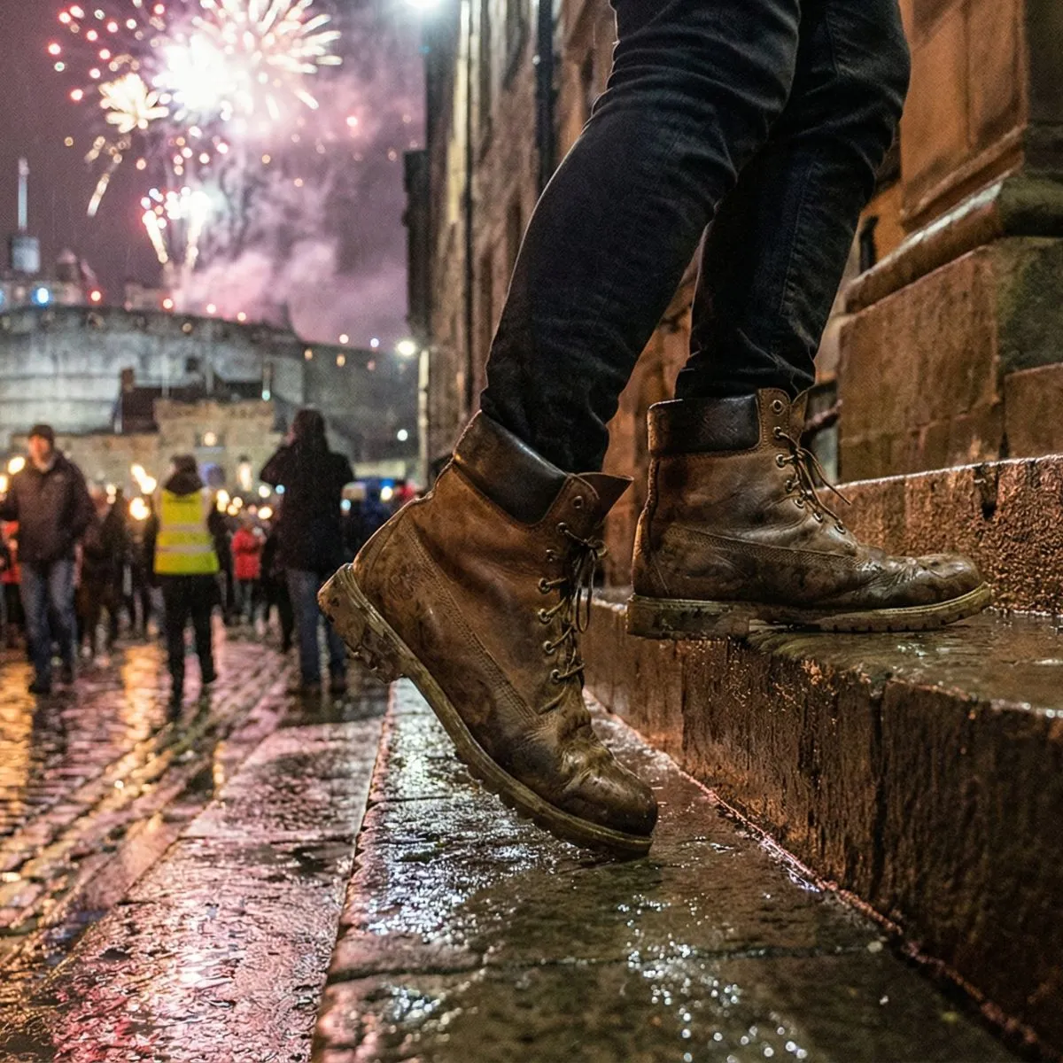 Sturdy waterproof leather boots walking on wet ancient stone stairs in Edinburgh during Hogmanay celebrations.
