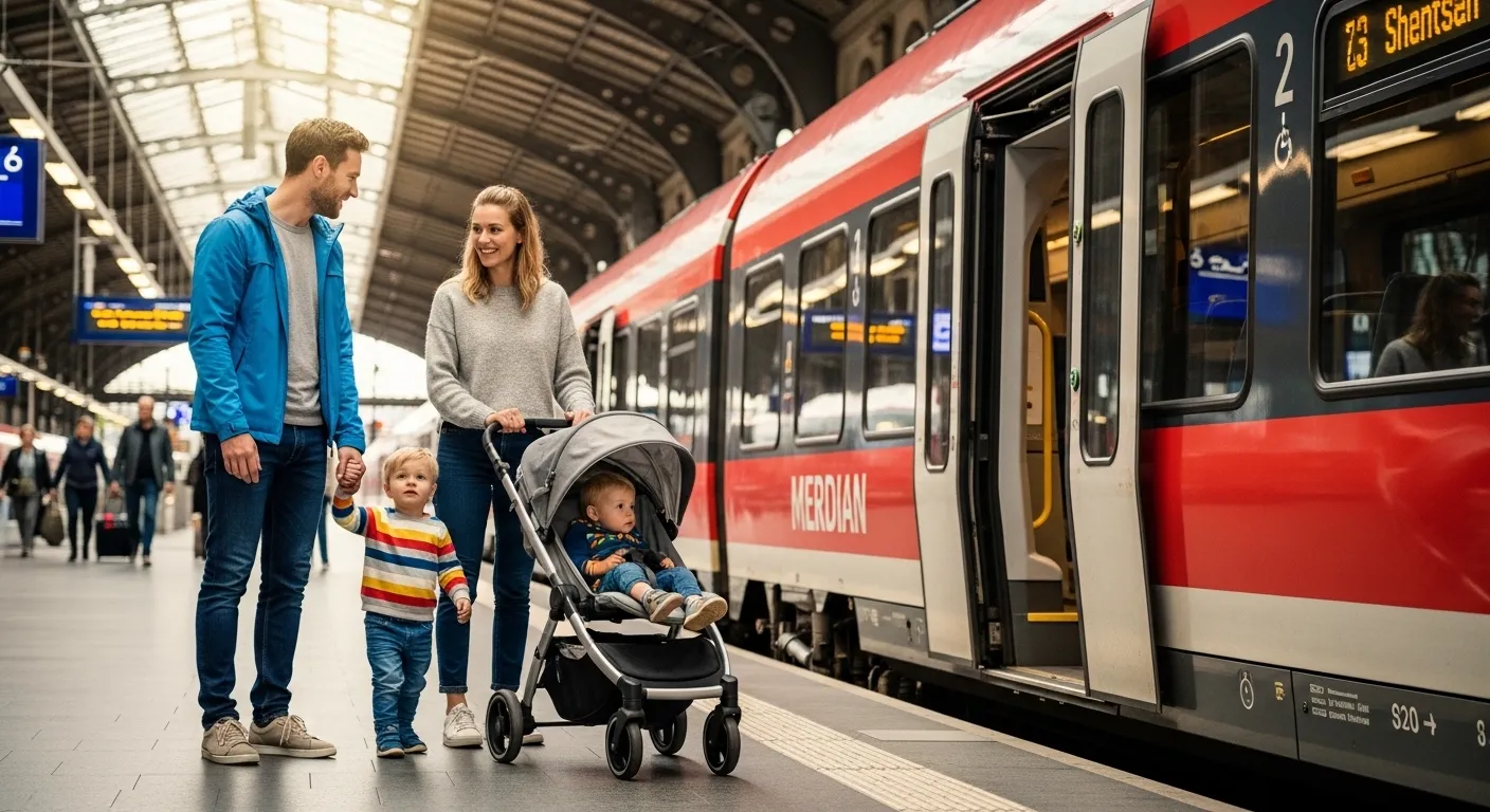 A family with a toddler and a stroller standing on a platform at Munich Central Station next to a regional train.