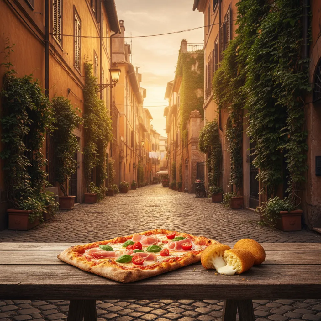 A slice of gourmet gluten-free pizza and a golden fried supplì on a rustic wooden table in a sun-drenched Trastevere alleyway in Rome.