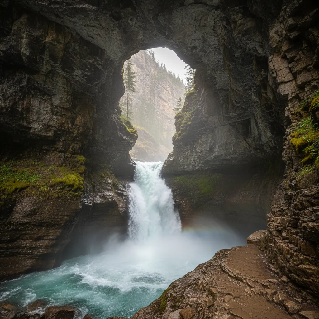 View of Lower Falls waterfall through the rock cave