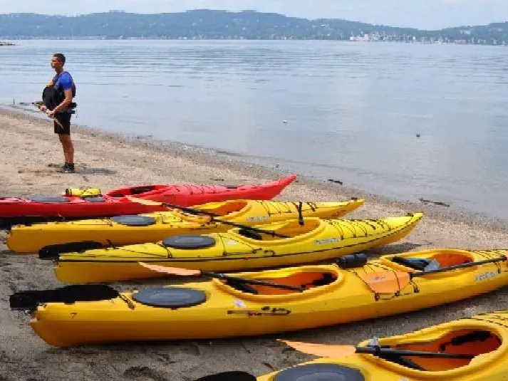 Row of colorful rental kayaks on the sandy beach at Croton Point Park