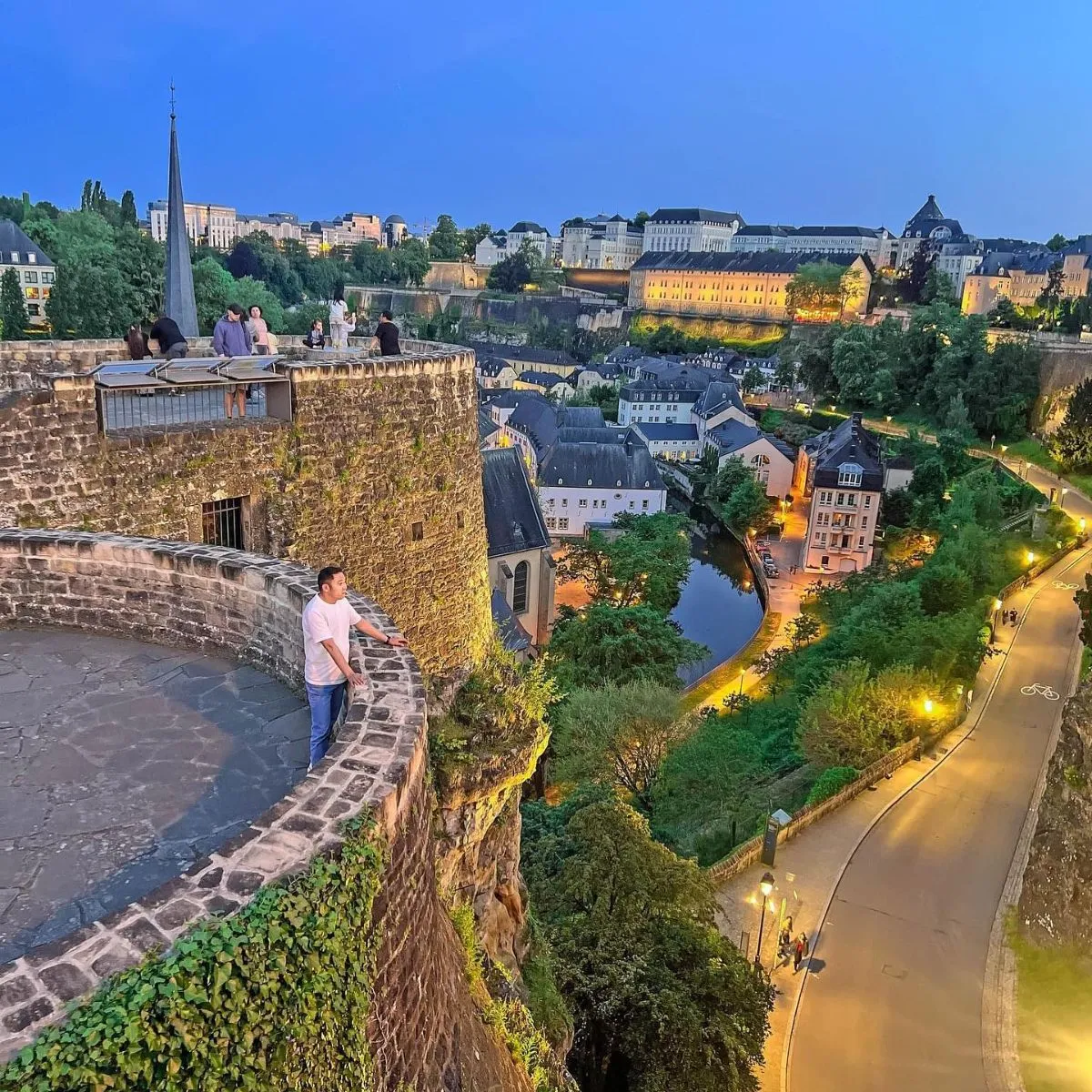 Panoramic view of Luxembourg City fortifications and green valley