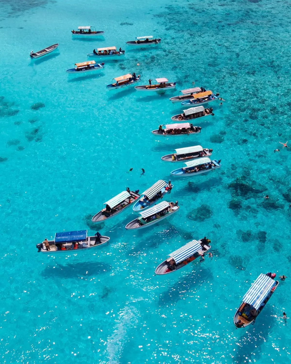 Aerial view of vibrant coral reefs at Mnemba Atoll