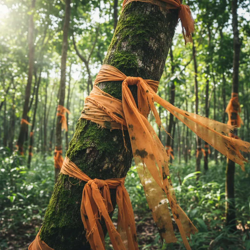 Close up of orange cloth markers on a tree in the Chiang Mai jungle.