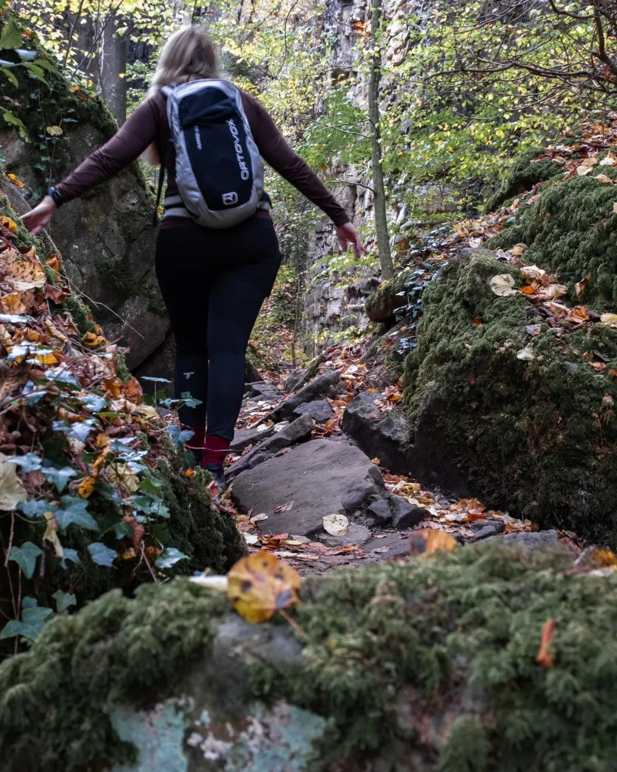 Mossy rock formations and hiking trail in Mullerthal Luxembourg for families