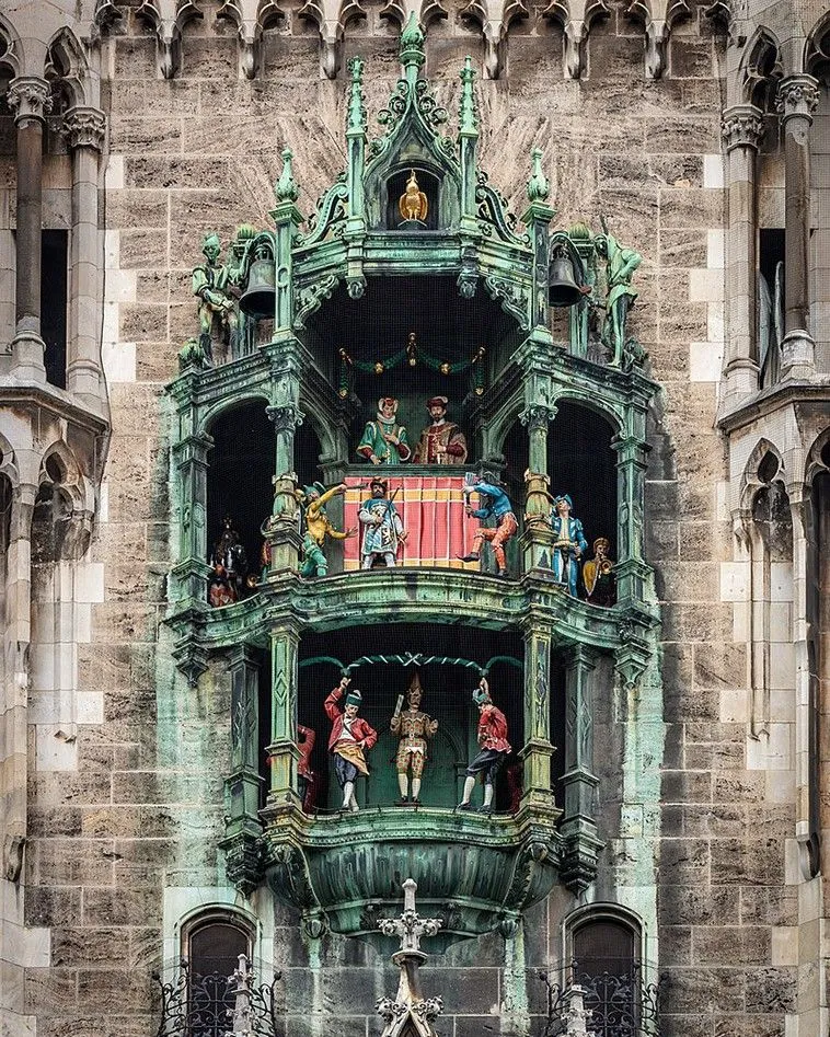 Close-up of the mechanical figures on the Munich Glockenspiel