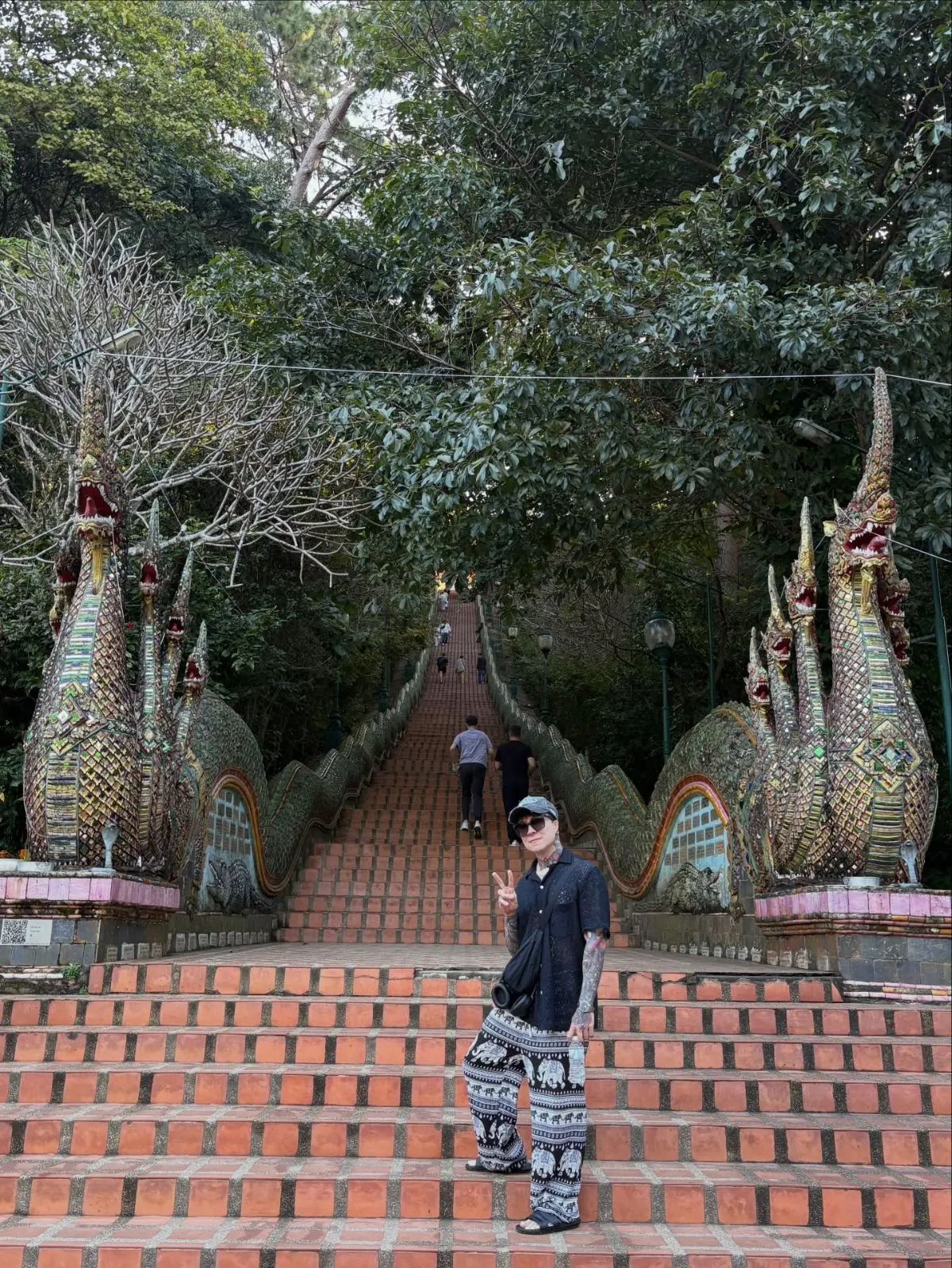 Intricate Naga stone staircase at the hidden Wat Pha Lat temple