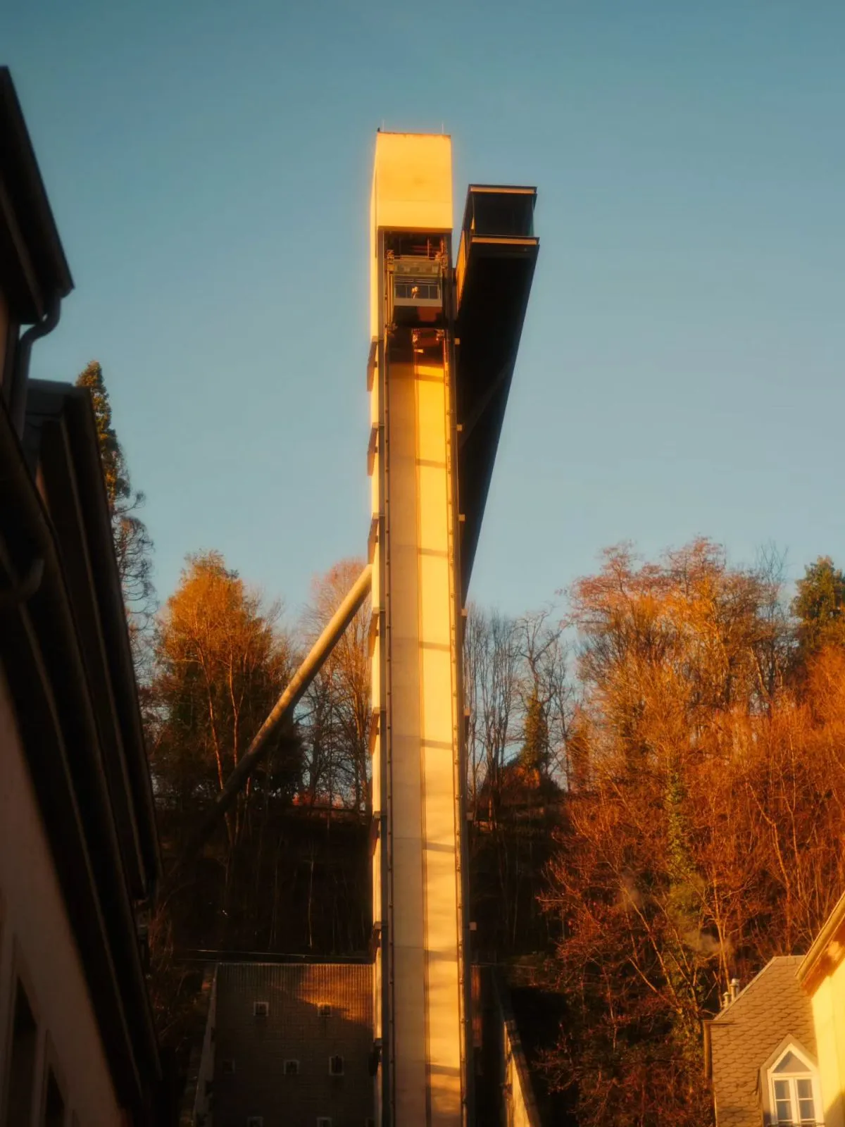 Glass elevator offering views of Luxembourg valley and fortress