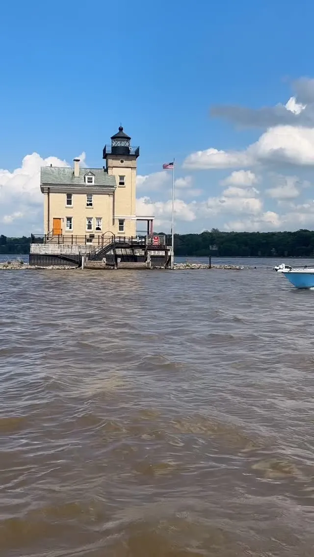 Brick Rondout Lighthouse viewed from the water level of a kayak on the Hudson River