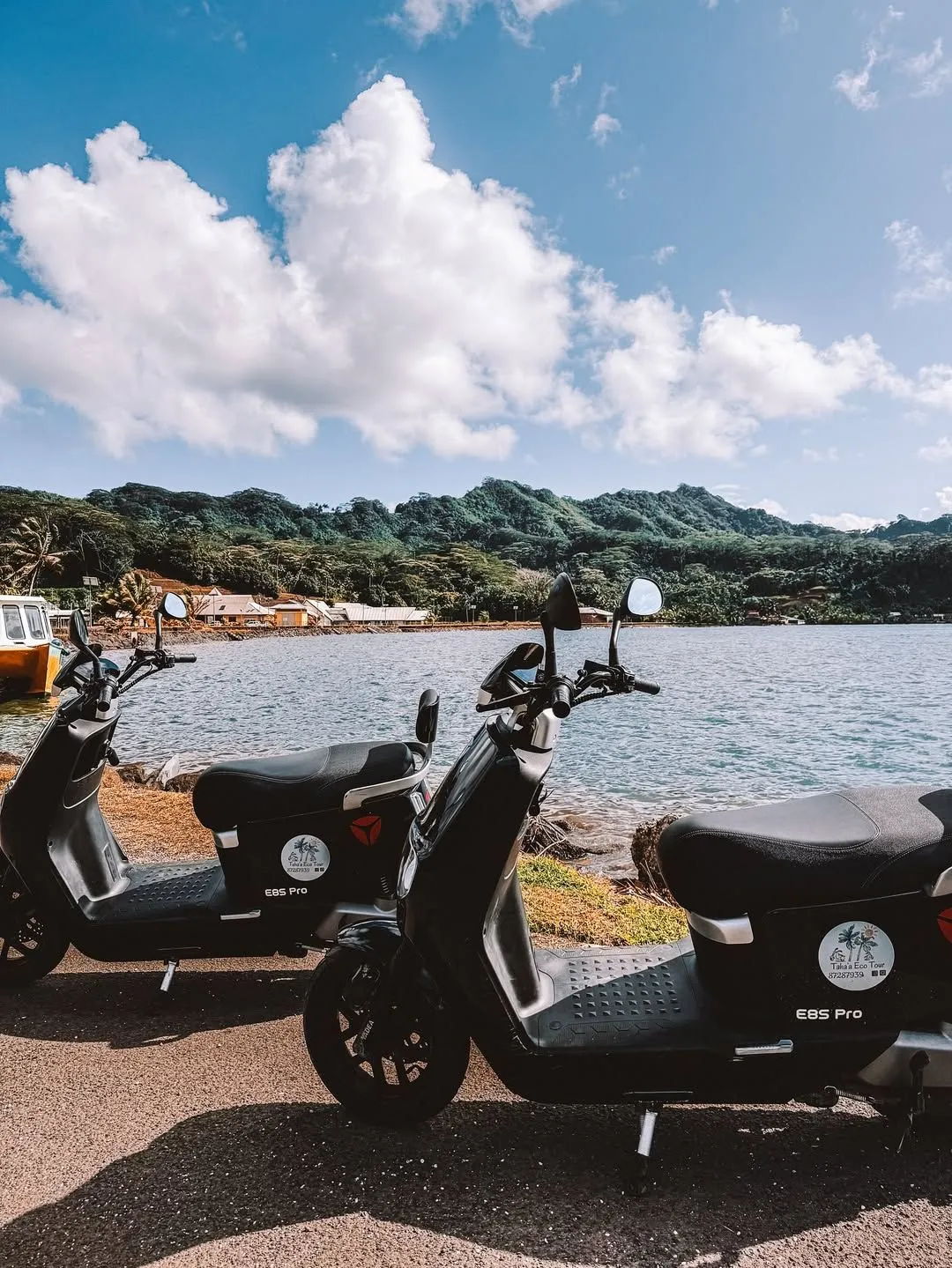 A row of colorful rental scooters in Rarotonga