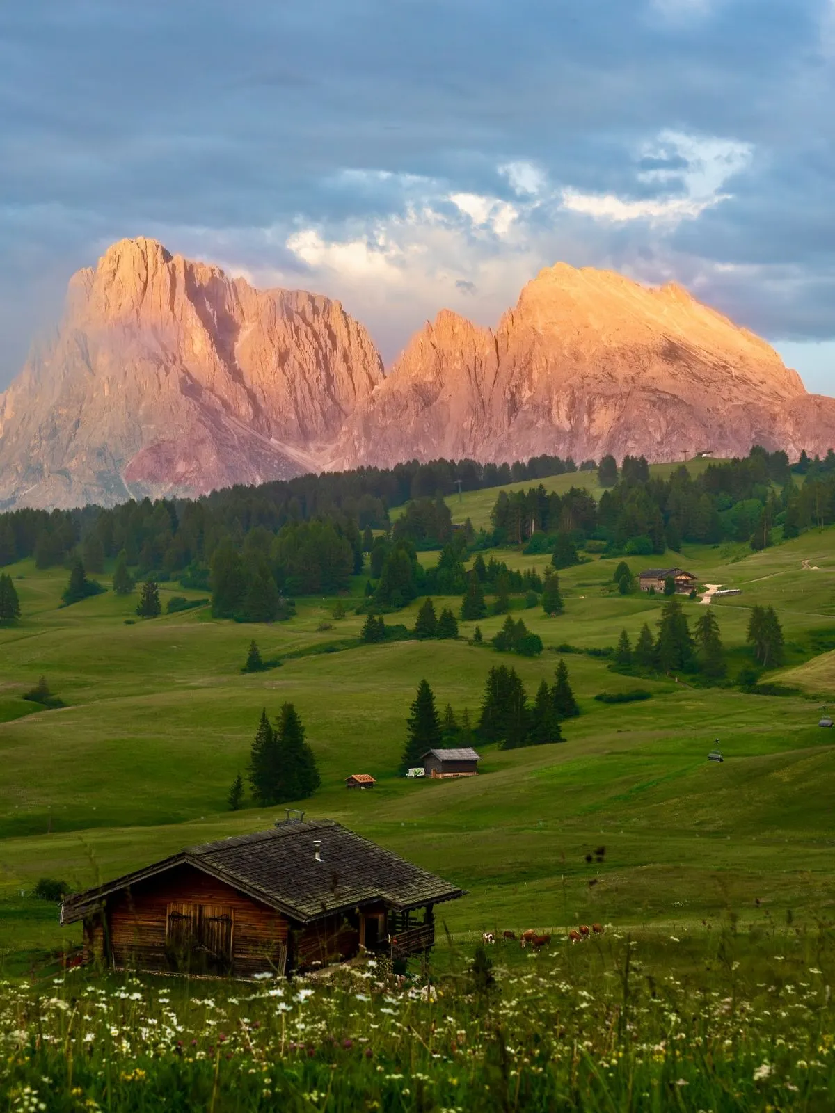Wooden rifugio hut on the green slopes of Alpe di Siusi