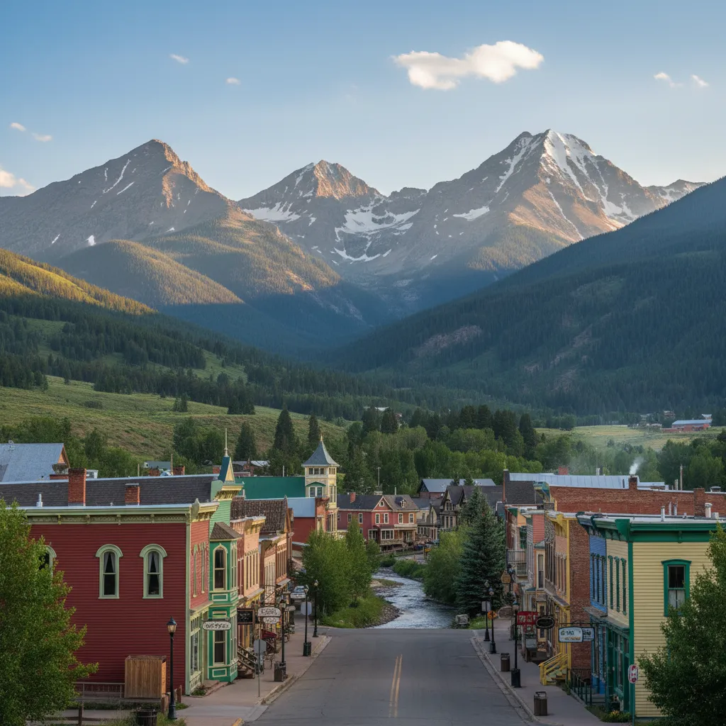A quiet street in a historic Colorado mountain town surrounded by the towering peaks of the San Juan Mountains.