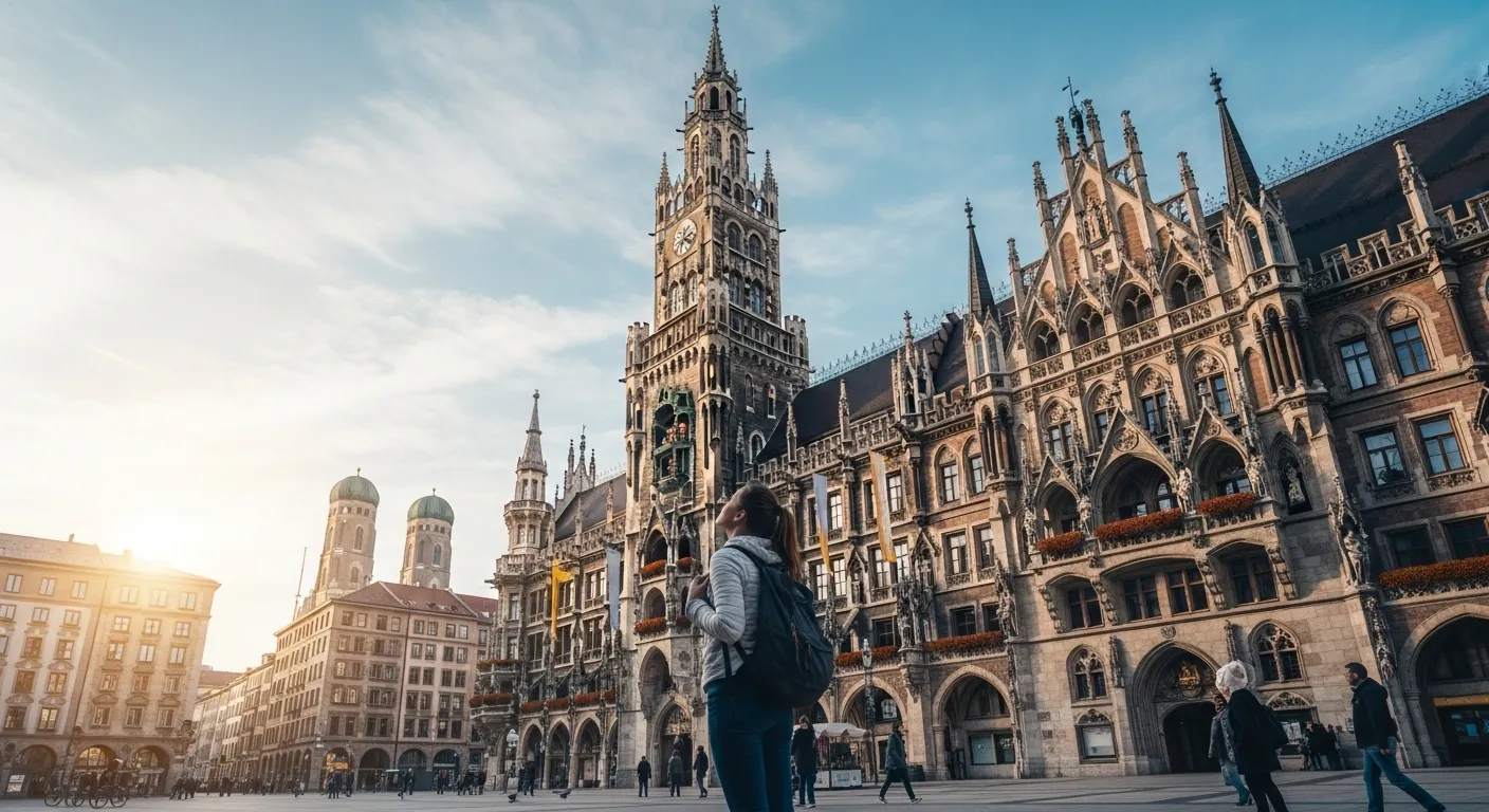 A solo female traveler with a backpack exploring the historic Marienplatz square in Munich, Germany.
