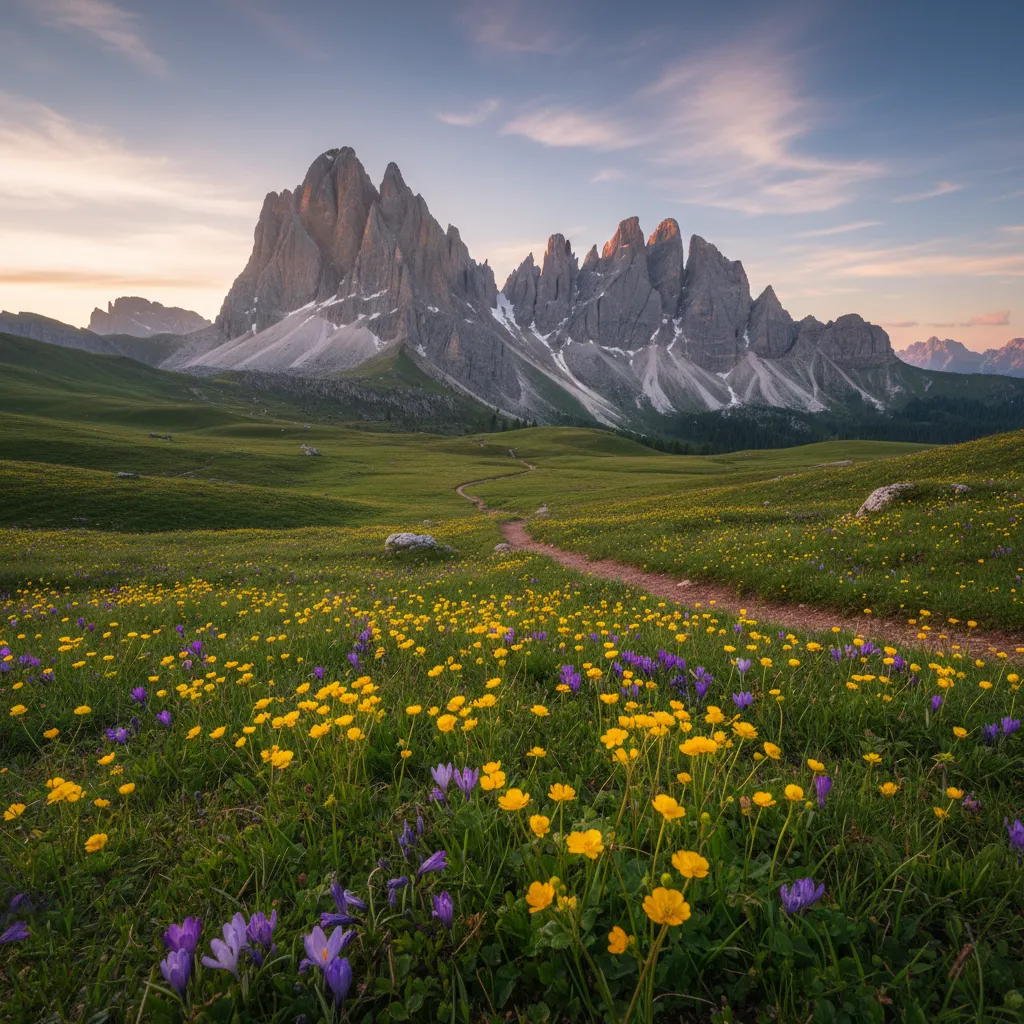 A scenic hiking trail in the Dolomites surrounded by blooming wildflowers and green pastures with snow-capped mountains in the background during the quiet shoulder season.