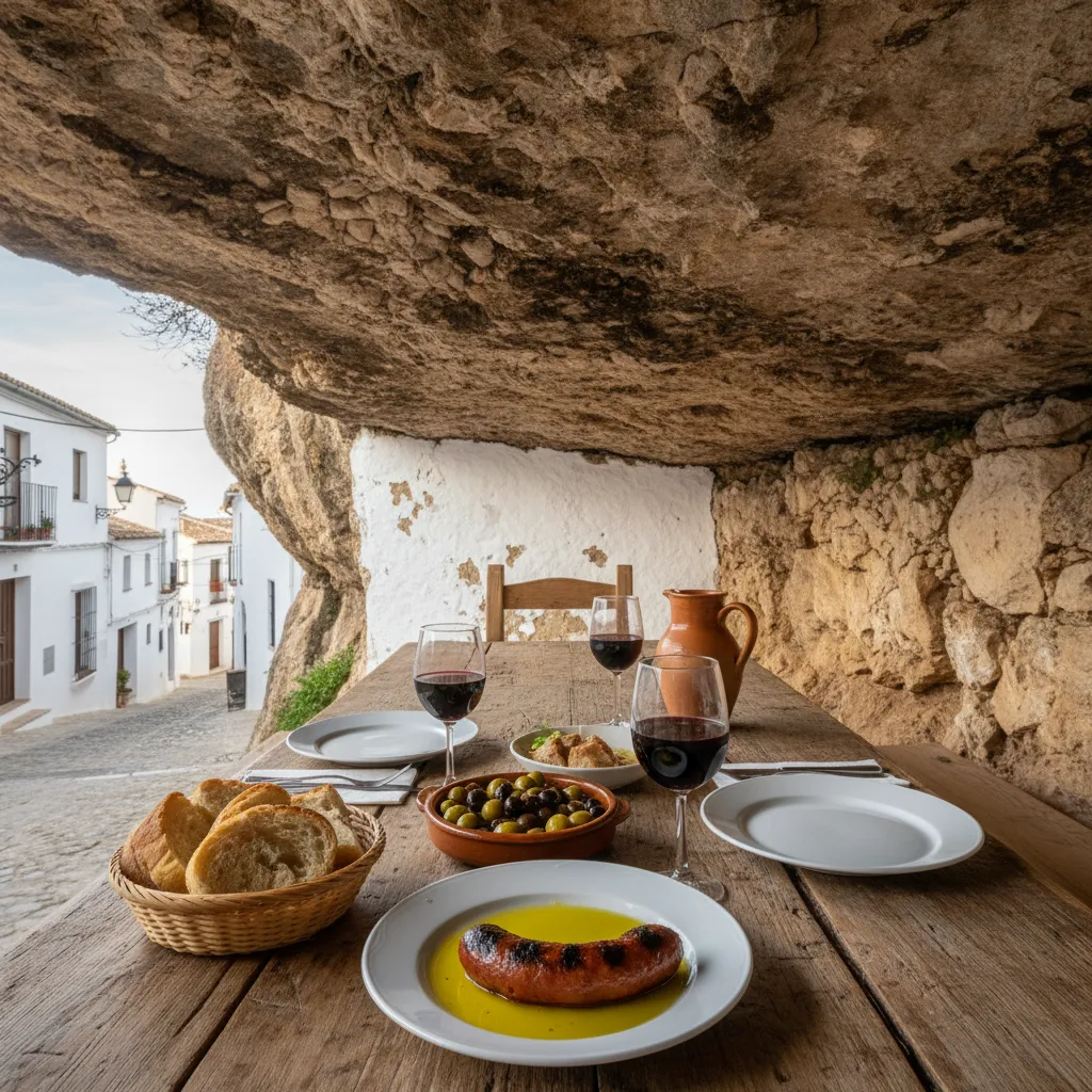 Plates of chorizo and local tapas served on a table under a rock cliff
