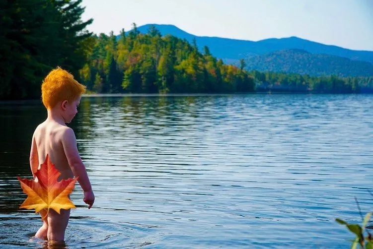 Small child safely interacting with nature near the shallow water of Lake Starnberg