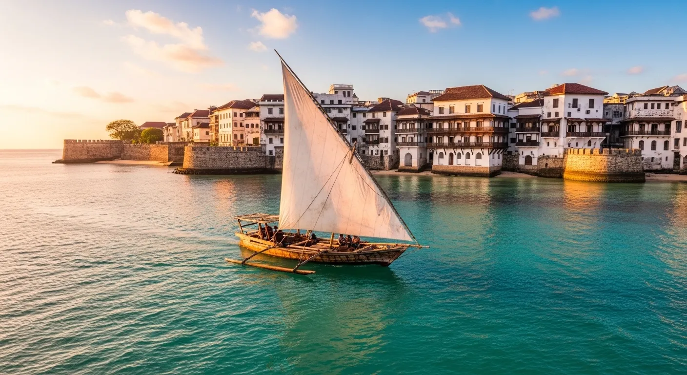 A wooden dhow boat sailing on the Indian Ocean with the historic architecture of Stone Town, Zanzibar in the background during a sunny day.