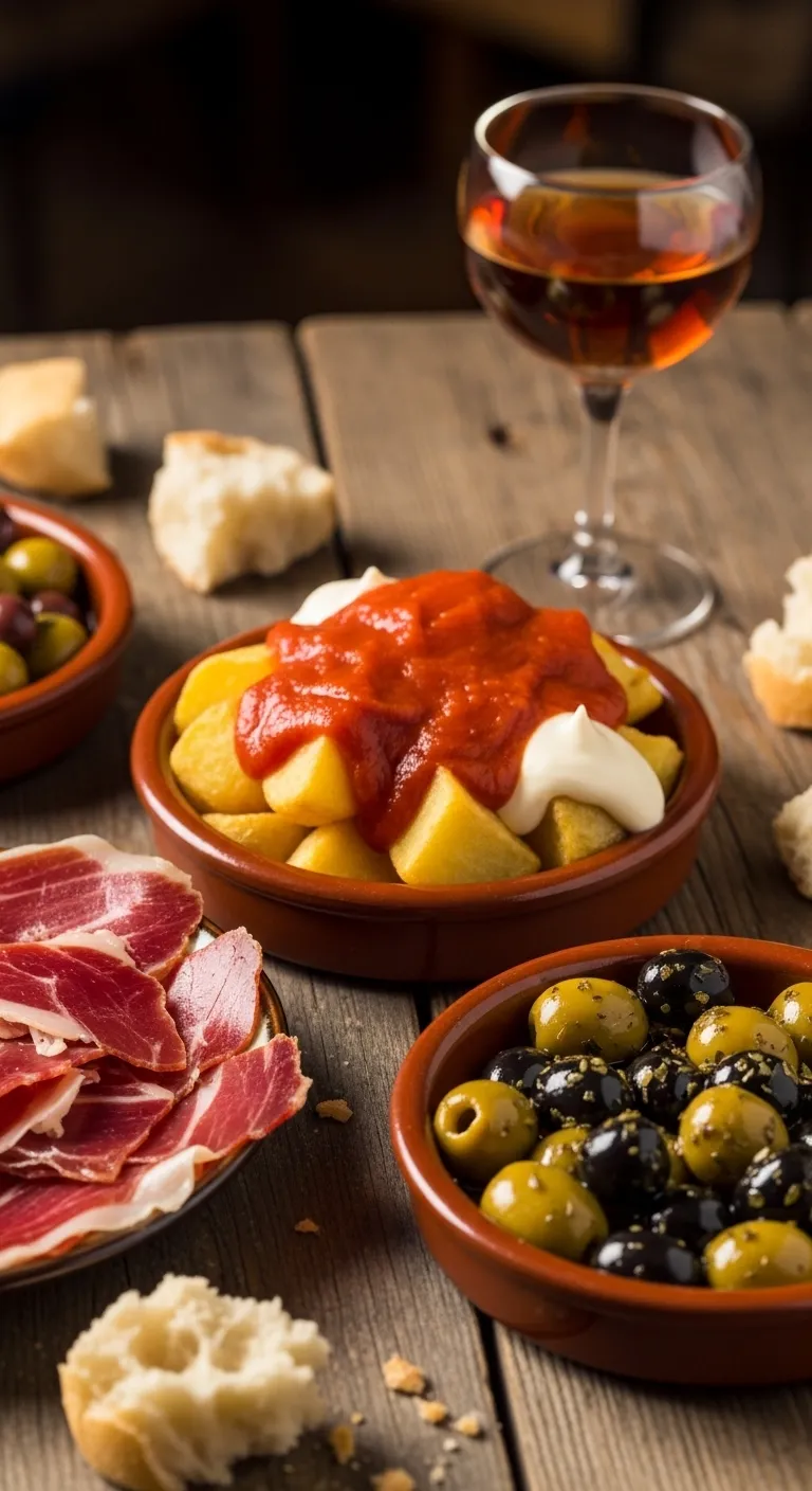 Plate of traditional Spanish tapas with a glass of sherry in Arcos de la Frontera