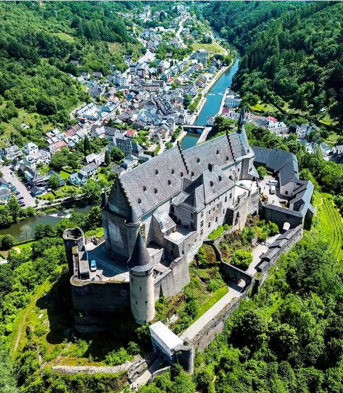 Vianden Castle overlooking the village and Our River