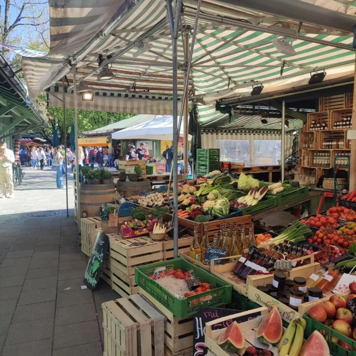 Outdoor stalls at the Viktualienmarkt food market in Munich