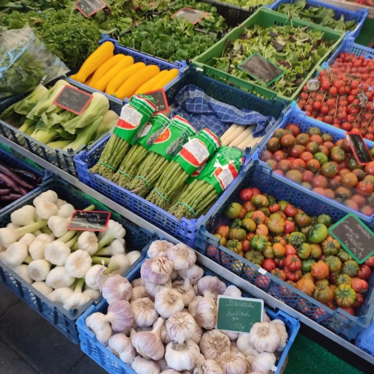 Colorful outdoor food market stalls at Viktualienmarkt in Munich
