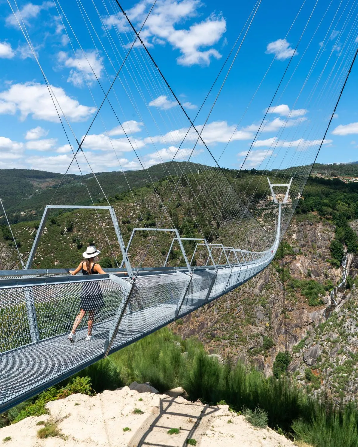 View of the 516 Arouca suspension bridge stretching across the Paiva River gorge in Northern Portugal