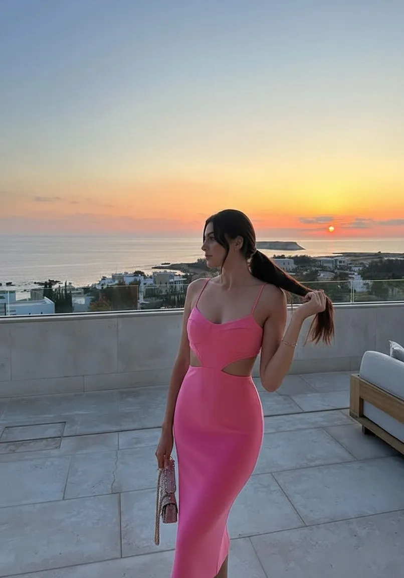 Woman in cut-out midi dress posing on a dock during a Florida Keys sunset