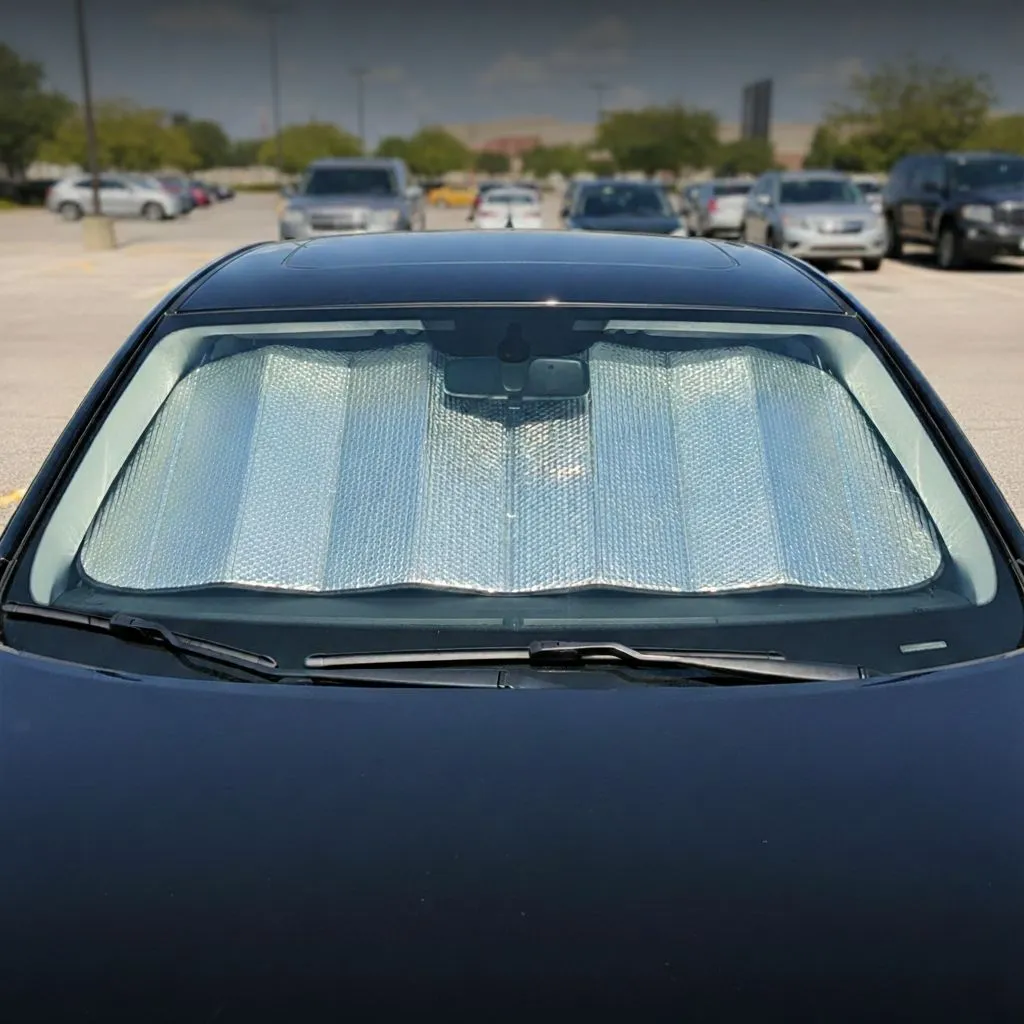 Reflective sunshade in car windshield parked on a sunny street