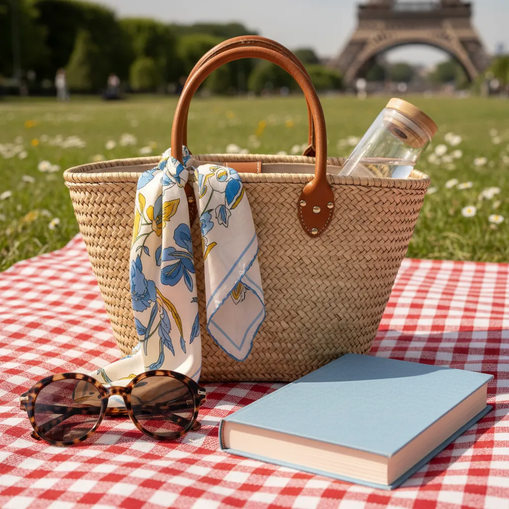 Flat lay of travel essentials including sunglasses and scarf
