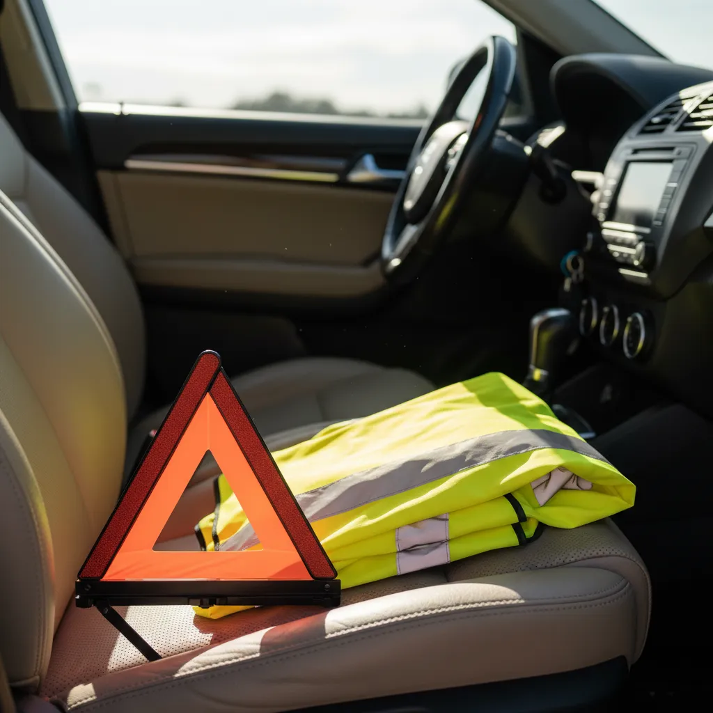 Fluorescent yellow gilet jaune and red warning triangle on a car seat for French road safety compliance