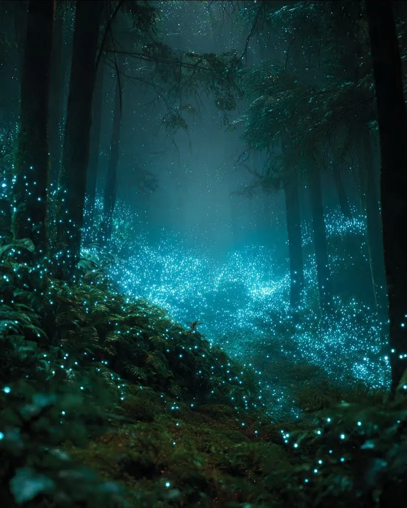 Bioluminescent glow worms illuminating a dark rainforest path on the West Coast South Island at midnight