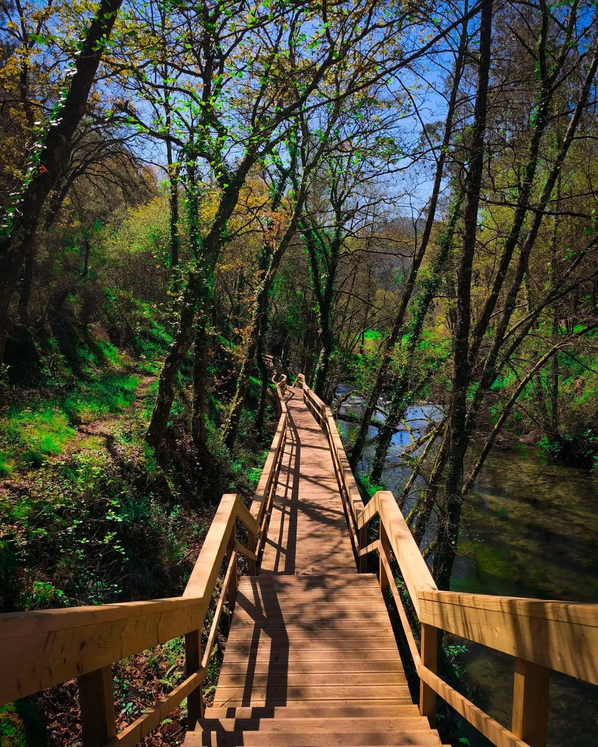 Wooden boardwalk hiking trail along the Vez River in Sistelo