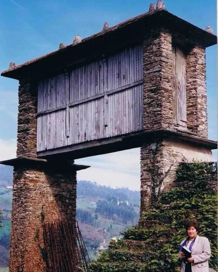 Close up of granite espigueiros corn dryers on pillars in Lindoso