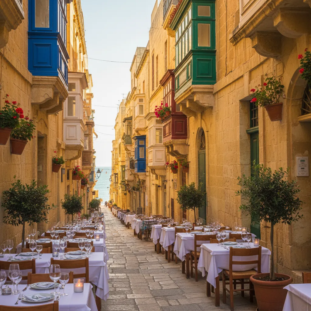 Narrow cobblestone street in Valletta with outdoor dining tables and traditional Maltese balconies