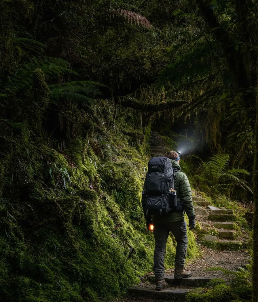 Traveler in winter gear preparing for a night walk in New Zealand