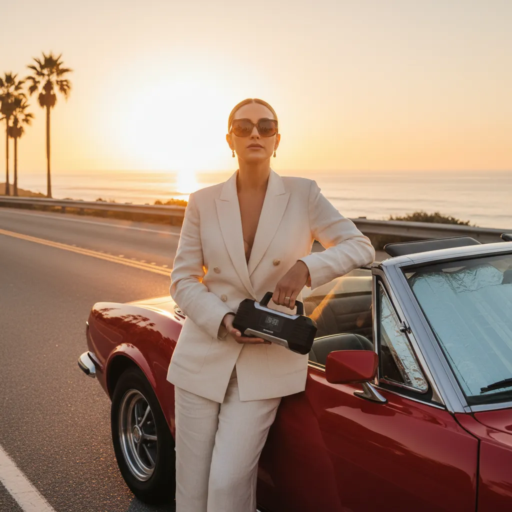 A woman standing next to her car on a coastal road holding a portable jump starter with a sunshade in the windshield.