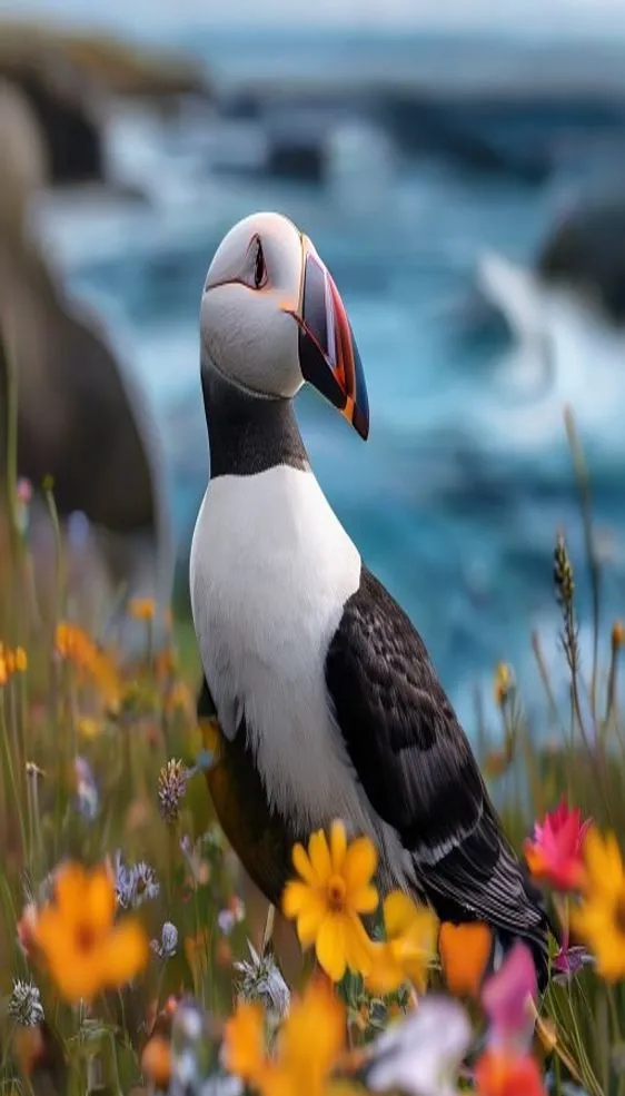 A colorful Atlantic puffin standing on a grassy cliff overlooking the sea in Scotland during the summer breeding season.
