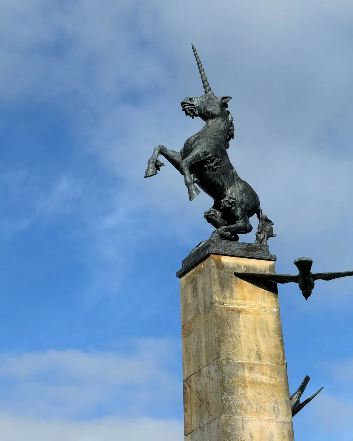 Close-up of the stone unicorn finial on the Mercat Cross in Culross.