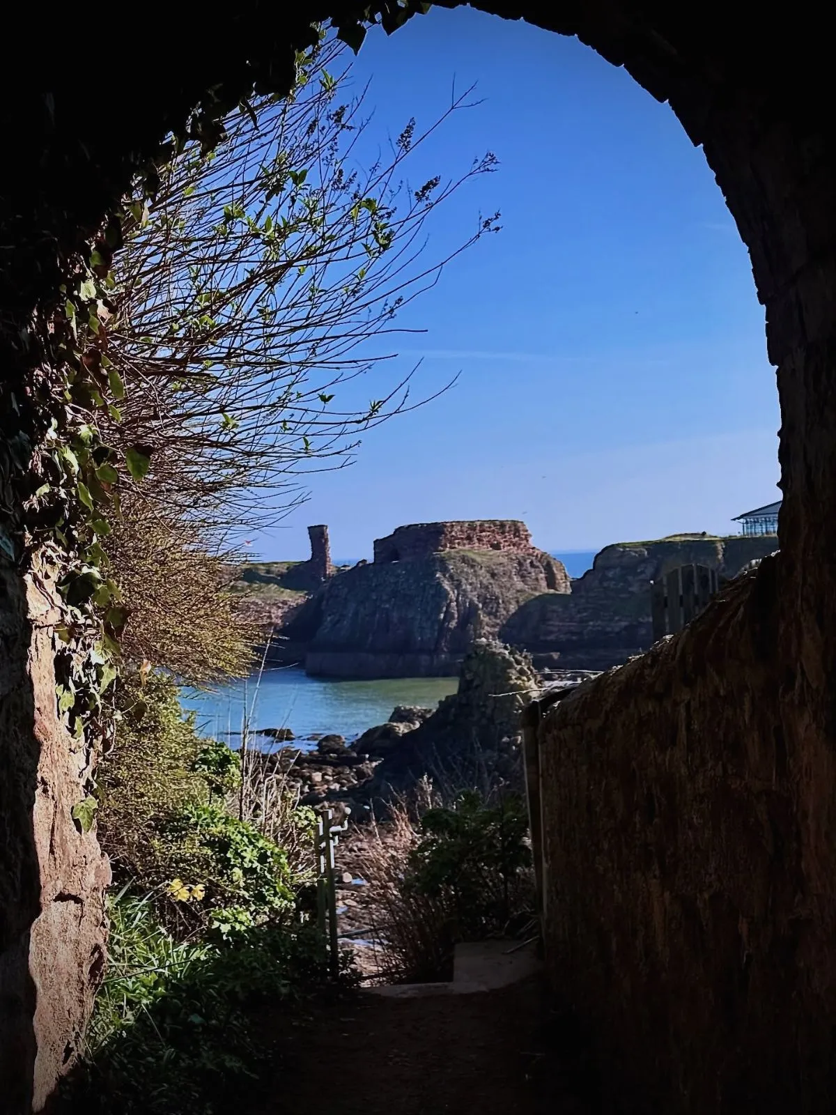 Crumbling ruins of Dunbar Castle overlooking the North Sea harbor