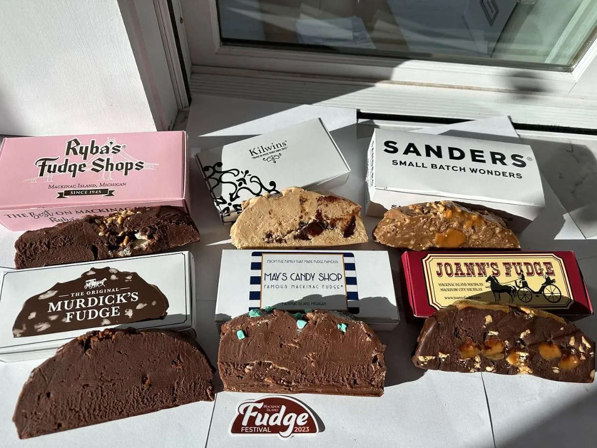 Stacks of colorful fudge boxes from famous Mackinac Island shops