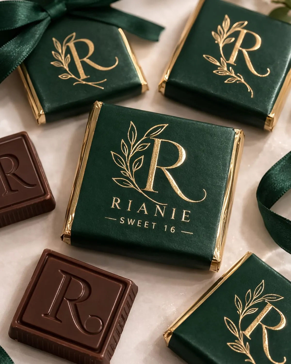 Completed custom chocolate bars wrapped in eco-friendly paper