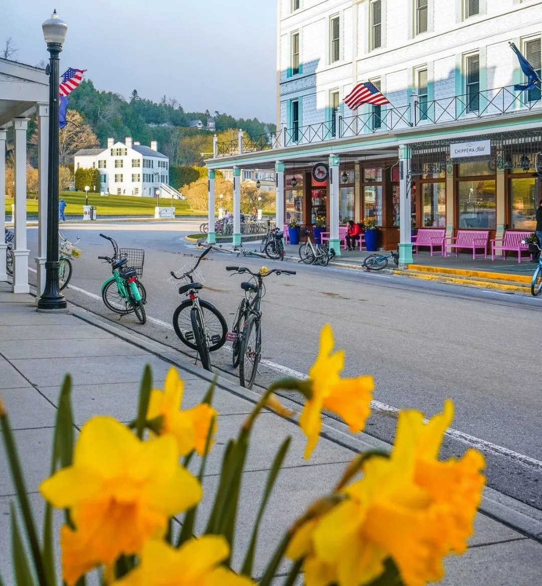 A row of colorful rental bikes in front of a flower-filled shop on Mackinac Island