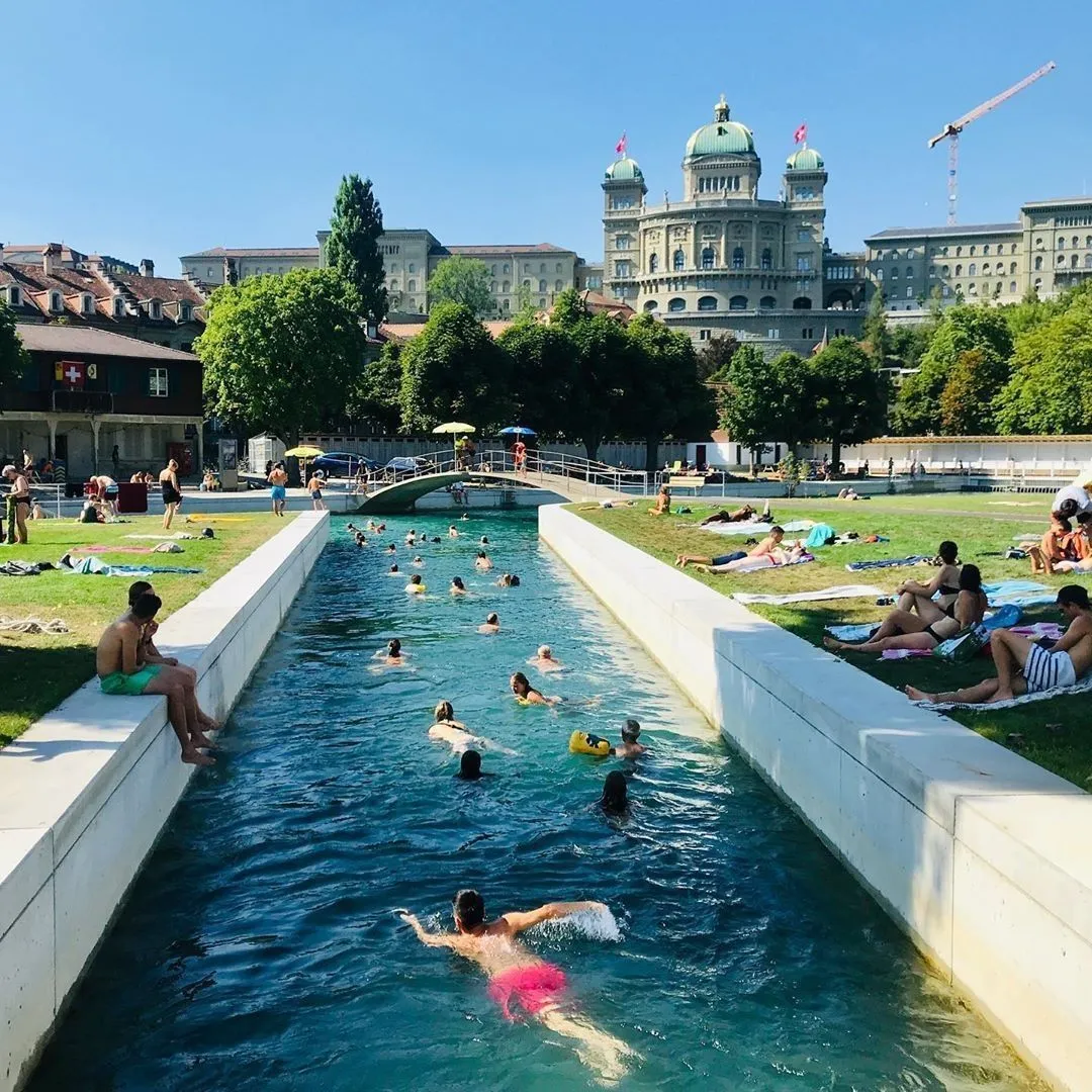 Swimmers exiting the Aare river at the Marzili public pool in Bern